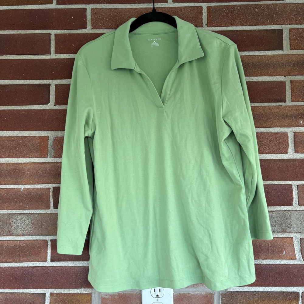 Lands End Bright Green V-Neck Polo Top Women's Sz M A2142